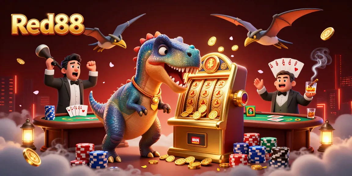 Red88 celebrates a jackpot win as a dinosaur heads a slot machine with flying coins and poker chips.