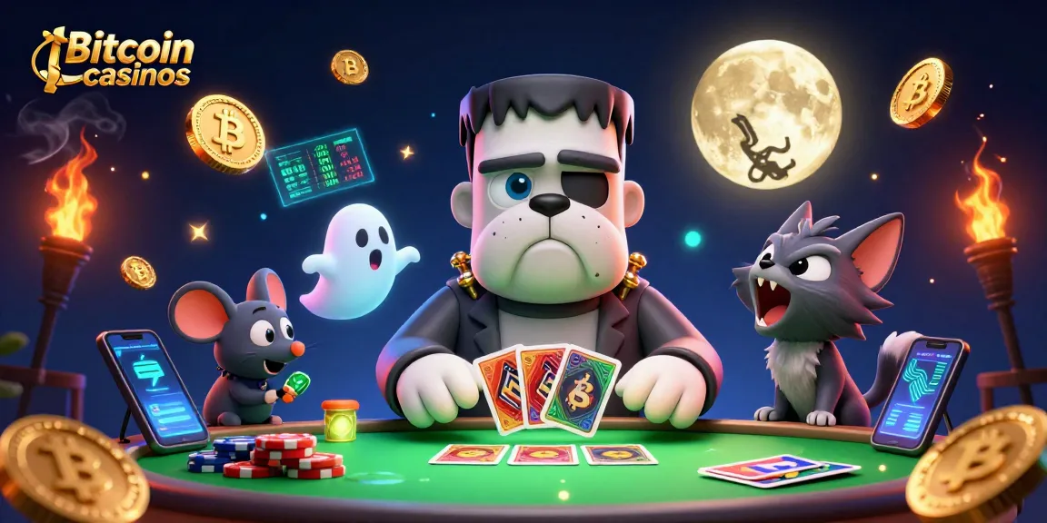 Les casinos Bitcoin offrent une expérience immersive avec un bulldog Frankenstein et ses amis en train de jouer.