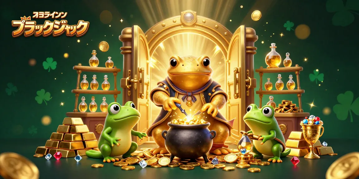 オンライン カジノ ブラックジャックの場面を描いた3Dイラスト、金色のサラマンダーとカエル、ニュートが登場。